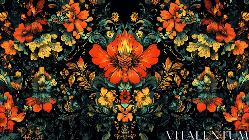 Radiant orange blossoms bloom across dark floral tapestry.