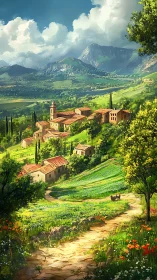 Digital painting of terraced Tuscan valley village landscape.
