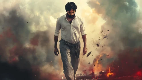 Solitary figure advances through volumetric smoke and lateral explosions