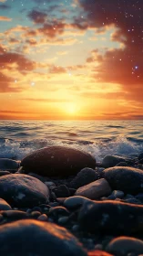 Rocky shoreline sunset under glowing starry sky.