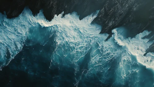 Steep coastal cliffs with breaking waves in overhead view.
