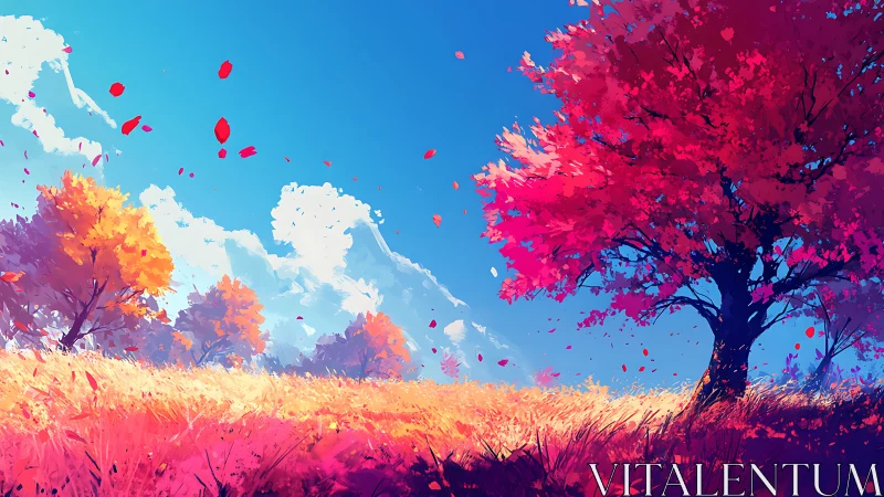 Vibrant digital meadow with crimson autumn tree under blue sky.
