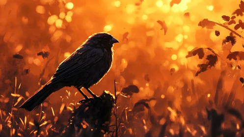 Silhouetted Songbird Against Warm Bokeh Garden Setting.