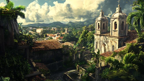 Colonial hilltop church overlooking lush tropical town.