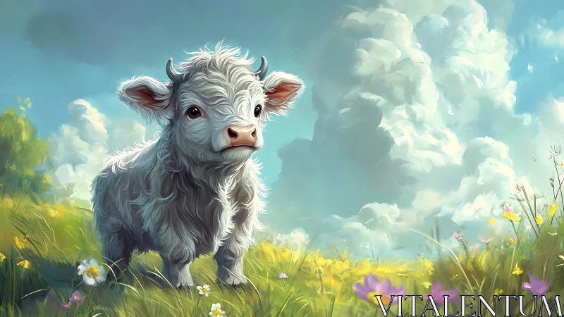 Fluffy white calf stands in bright meadow under tall clouds
