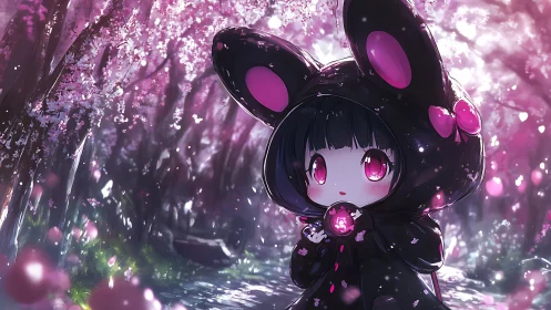 Chibi girl in bunny cloak wanders a glowing cherry forest