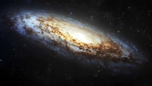 Spiral galaxy core glowing amid dense starfield panorama.
