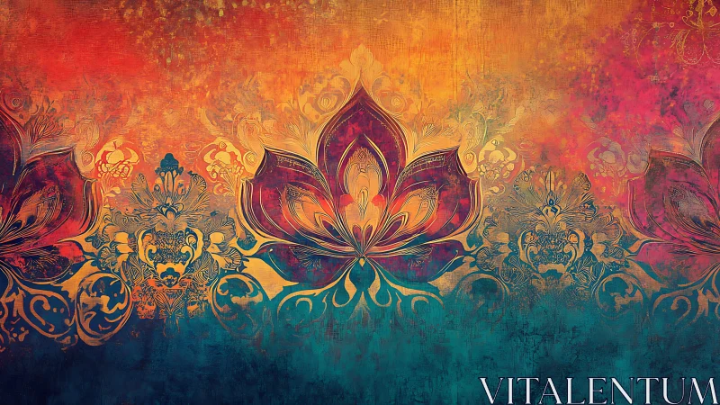 Lotus filigrees float between burning dusk and deep lagoon