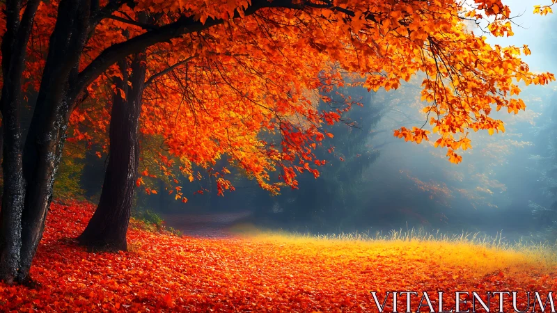 Autumn trees with dense orange foliage over forest clearing.