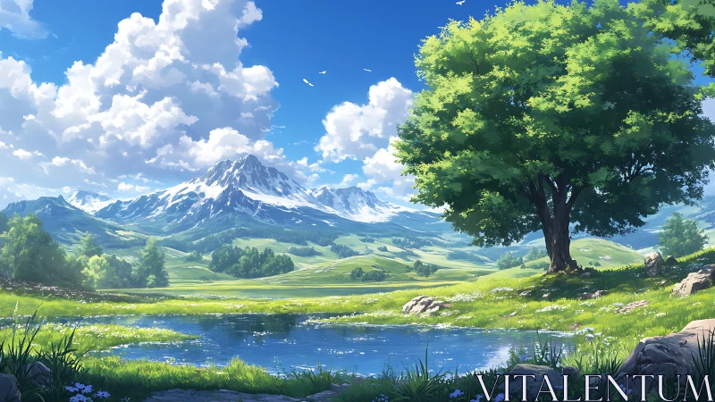 Digital landscape painting of alpine meadow and reflective pond.