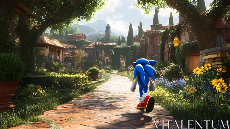 Blue hedgehog explores sunlit Mediterranean garden street.