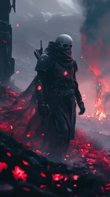Mysterious skull warrior wandering through glowing red embers.
