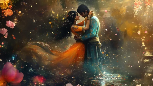 Couple embracing in magical golden light with floating particles