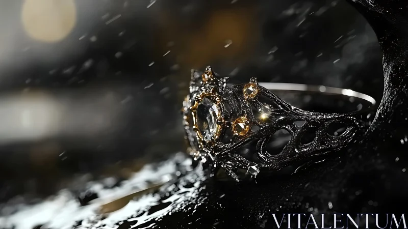 Storm-soaked crown ring sparks gold fire in the shadows