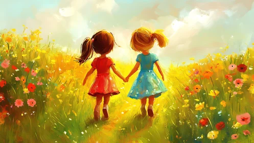 Two Girls Hand in Hand Through Sunlit Wildflower Field.