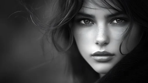 Soft winter gaze in luminous black and white portrait.