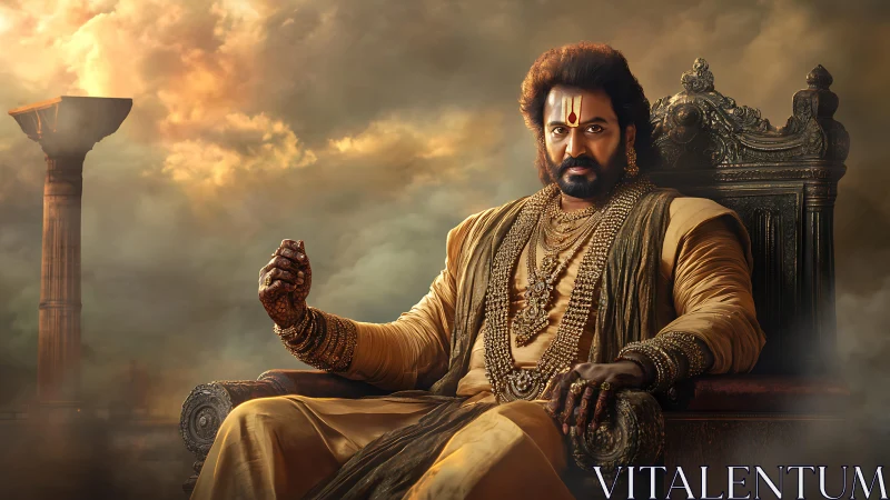 Regal warrior king on ornate throne amid stormlit sky