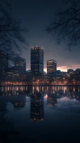Quiet city towers glow above a calm reflective evening lake