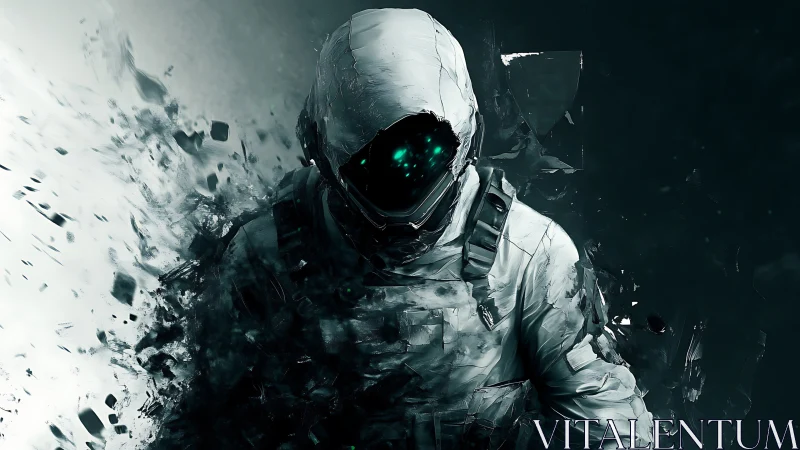 Solitary figure in fragmented white suit amid dark void.