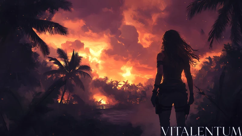 Figure observes illuminated tropical landscape at sunset