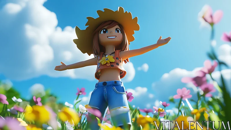 Stylized 3D girl in sunlit flower meadow using low-angle view