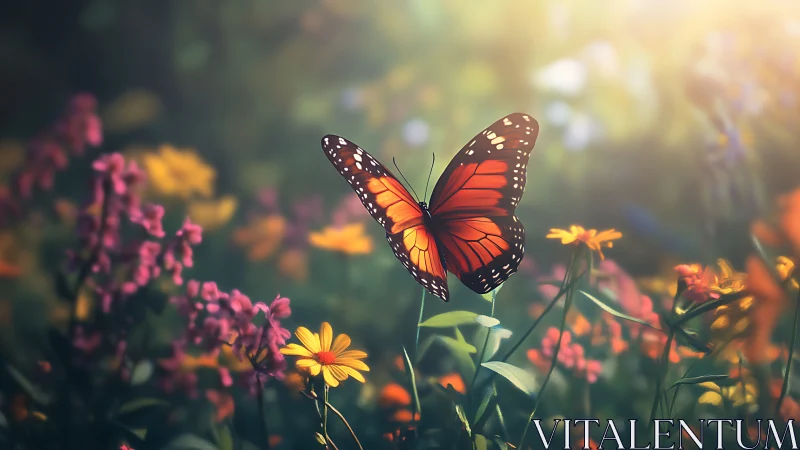 Monarch butterfly hovers over mixed wildflowers in soft light