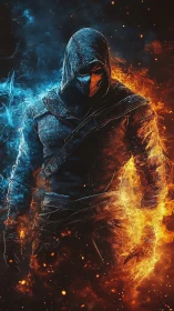 Hooded figure with dual blue and orange elemental flames.