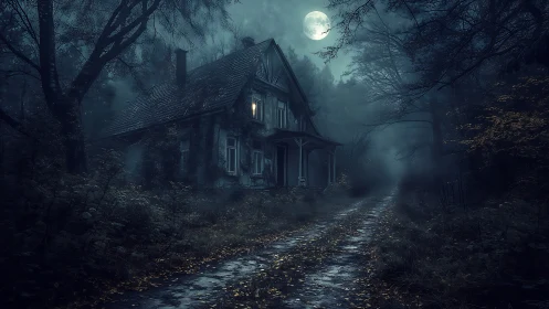 Moonlit forest cottage glowing softly at the end of a misty lane.