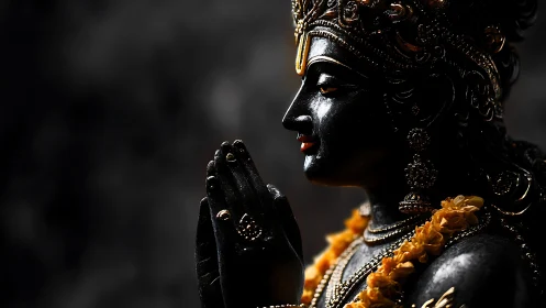 Polished black devotional statue in side profile with garlands