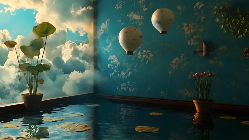 Dreamlike interior pond with lanterns and cloudscape wall.