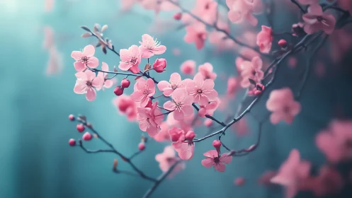 Cherry Blossoms Dance: Soft Pink Blooms Against Turquoise Dreams.