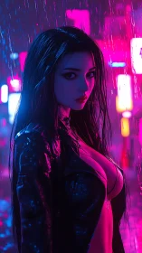 Cyberpunk woman in neon rain with wet leather jacket.