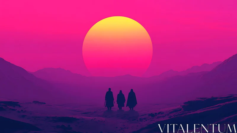 Neon desert pilgrims cross violet dunes at colossal sun