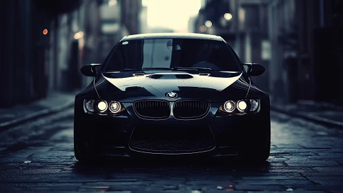 Black BMW sports sedan parked on wet city street at dusk.