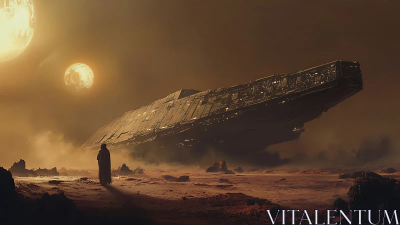 Desert wanderer studies a slumbering starship leviathan