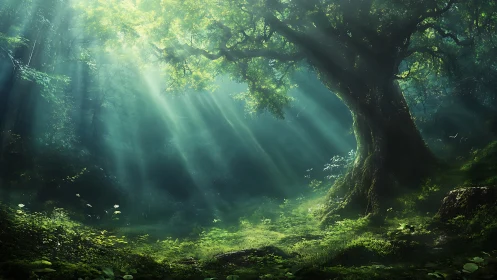 Enchanted Forest Glade with Crepuscular Light Rays.