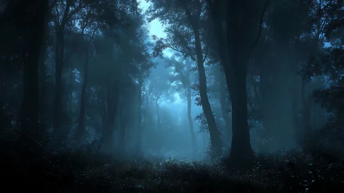 Misty forest path with atmospheric light penetration.