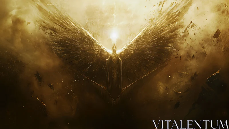 Digital painting of radiant celestial winged form in void.