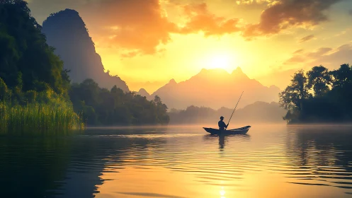 Solitary dawn angler drifting through molten mountain light.