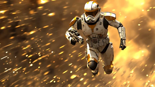 Armored space trooper sprinting through molten starlight storm.