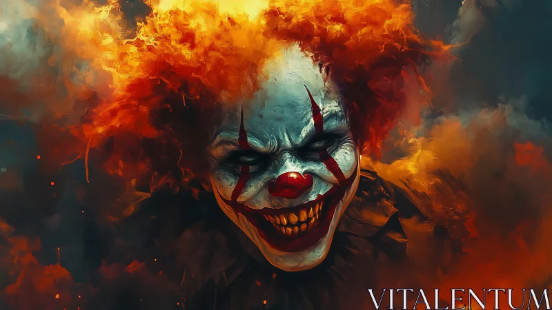 Infernal jester erupts from burning clouds with razor grin