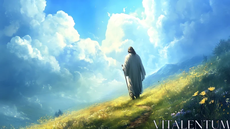 Sunlit wanderer strides toward heaven-bright horizon