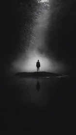 Solitary figure in misty forest light with dark reflection.