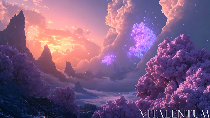 Luminous fantasy valley under violet nebula clouds at dusk.