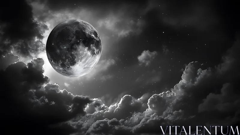 Luminous full moon rises through storm-swept night clouds.