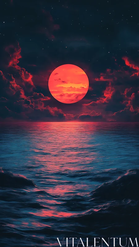 Crimson moonrise ignites midnight waves and stormlit sky.