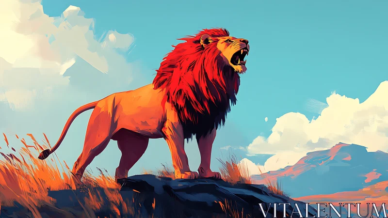 Scarlet-maned lion roars over windswept savanna ridge.