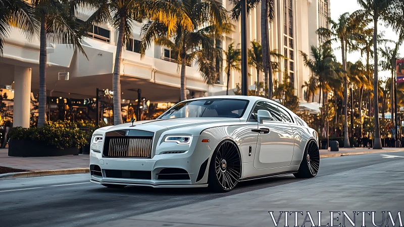 White coupe is parked on a palm-lined urban street at sunset