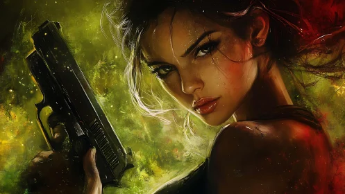 Woman holds handgun in close-up digital portrait rendering