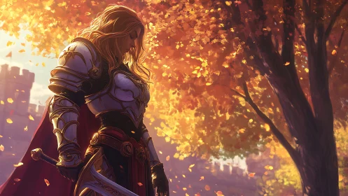 Autumn-lit armored paladin in contemplative stance beneath foliage